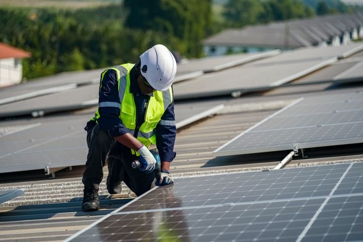 Home technology solar cell, engineer service check installation solar cell. technician checks the maintenance of the solar panels.